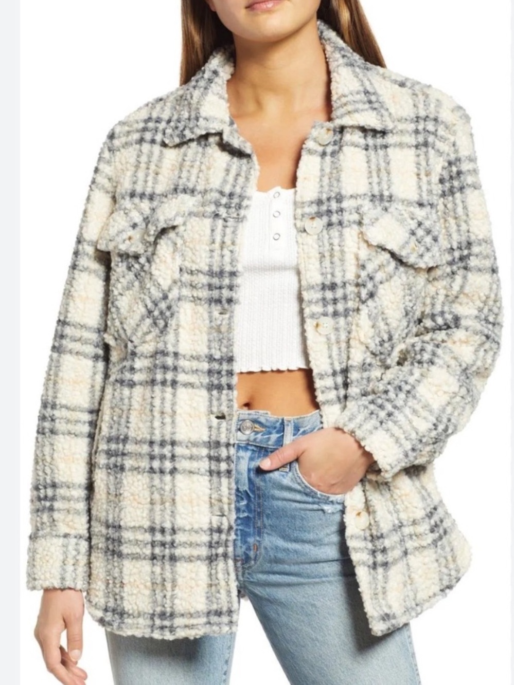 Blank NYC Cream Plaid Sherpa Shacket Womens Size Medium